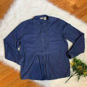 LL Bean Womens Blouse Size Med Blue Corduroy Fine Pin Button Up Smock